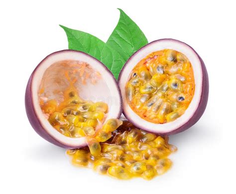 Whole Passion Fruits And A Half With Leaves Isolated On White