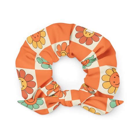 Orange And White Happy Flowers Checker Pattern Recycled Scrunchie Etsy