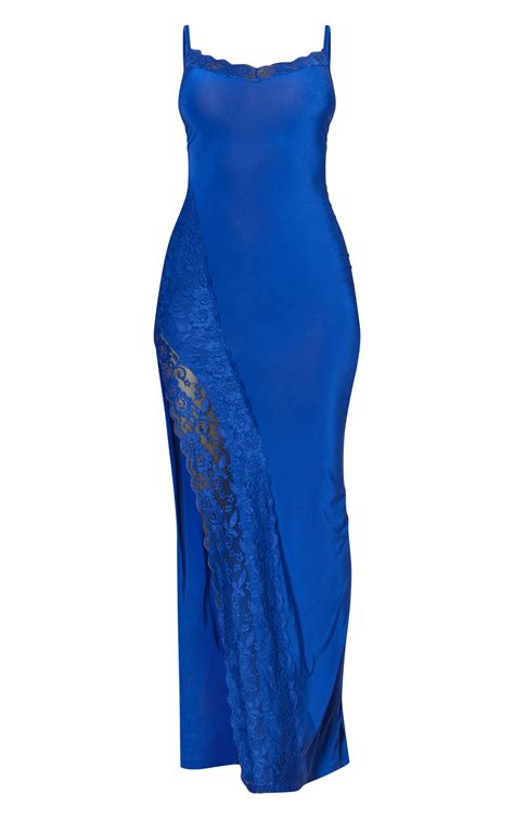 Cobalt Slinky Lace Trim Split Detail Maxi Dress Dresses