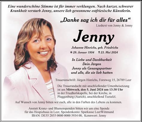 Traueranzeigen Von Jenny Hinrichs Nordwest Trauer De