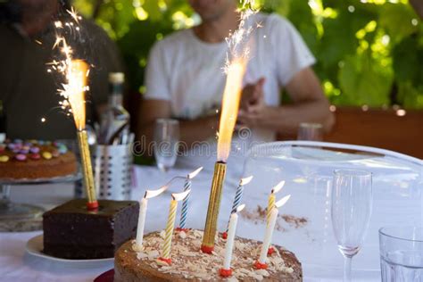 Closeup Shot Of Firework Candles On Birthday Cakes Stock Image Image