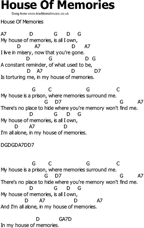 Old Country song lyrics with chords - House Of Memories