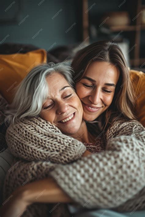 Premium Photo Two Women Mother And Daughter Sitting On Sofa At Home