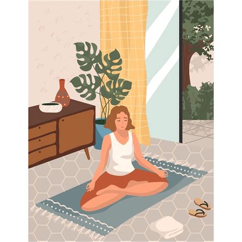 Premium Vector Woman Meditate Do Yoga Relax At Home Vector