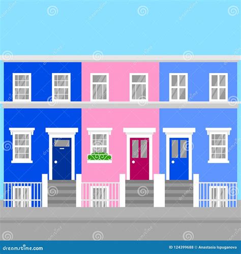 Colorful Flat Town Houses Notting Hill in London. England Travel Icon