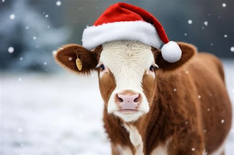 Premium Ai Image Portrait Of A Cow Wearing A Christmas Santa Hat