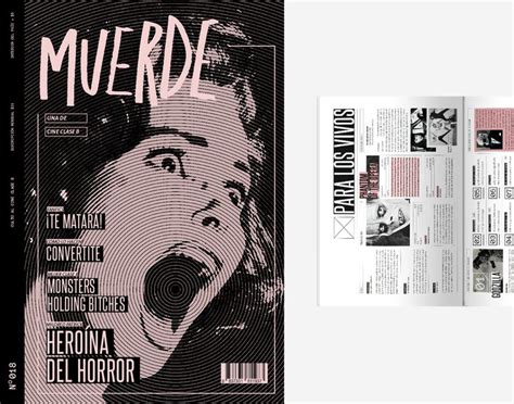 An Open Magazine With Black And White Images On The Front And Pink