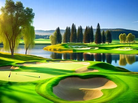 A Painting Of A Golf Course With Water And Trees Image Design Id