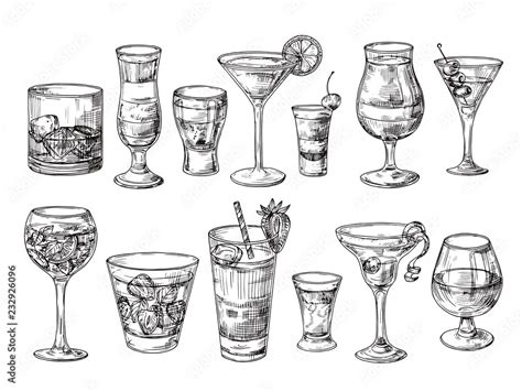 Hand Drawn Cocktail Alcoholic Drinks In Glasses Sketch Juice