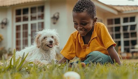 Un Ni O Est Tendido En La Hierba Con Un Perro Peque O Foto Premium