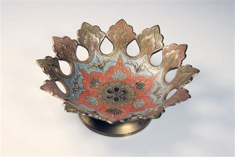 Footed Decorative Brass Bowl Penco Industries Made In India Enameled Flower Shaped Reticulated