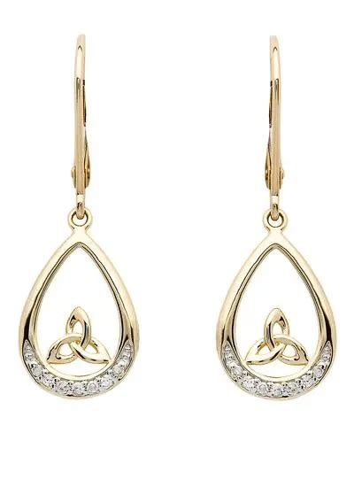 14K Gold Diamond Set Trinity Knot Drop Earrings Blarney