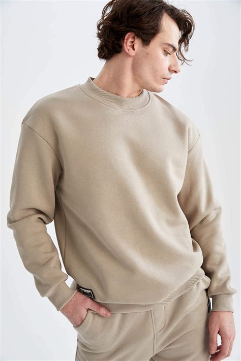 Bej Erkek Boxy Fit Bisiklet Yaka Basic Sweatshirt 2390815 DeFacto