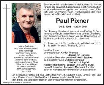 Traueranzeigen Von Paul Pixner Trauer Bz