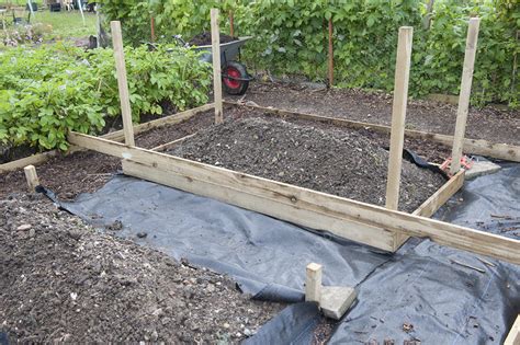 Constructing Wooden Framework For Raised Bed On Allotment Stock Image