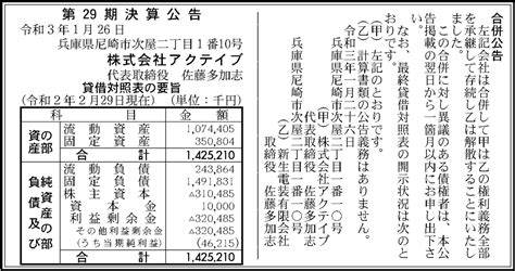 株式会社アクテイブ 第29期決算公告 官報決算データベース