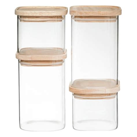 Set Van 4 Voorraadbussen Voorraadpotten 0 5L 1L Glas Met Houten