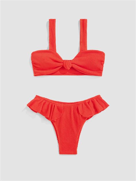 Solid Knotted Ruffle Bikini Swimwear Cider