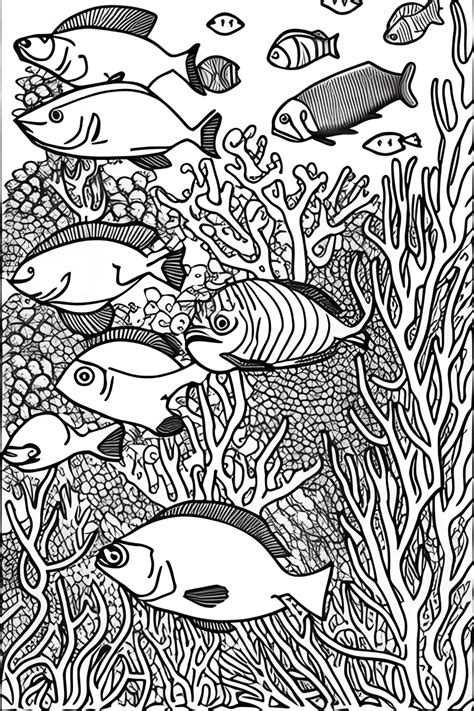 Page à colorier sur un récif corallien avec des poissons et d autres