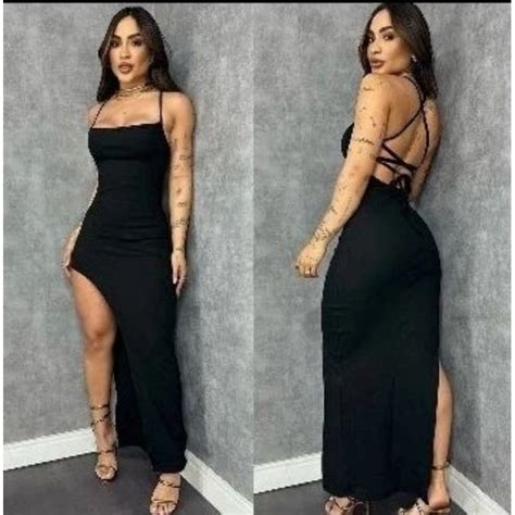 Vestido Longo Com Fenda Elegante Costas Nua Trançada Festas Empina