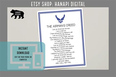 The Airman's Creed Poster Display for Enlistment, Going Away, Basic Training, Party DIGITAL ...