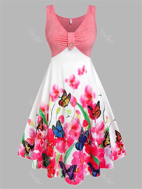 Plus Size Butterfly Floral Print Ruched Midi Dress 35 OFF Rosegal