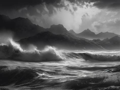 Premium AI Image | A black and white image of a stormy ocean with mountains in the background.