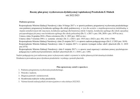 Roczny Plan Pracy Przedszkole E Maluch