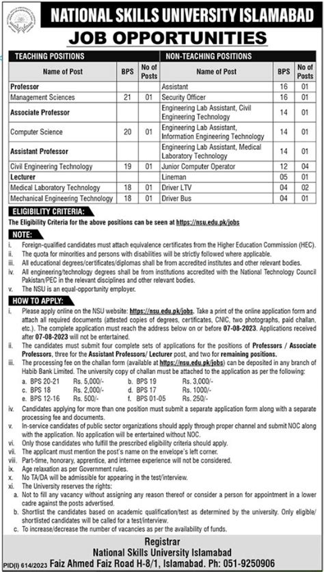 National Skills University Islamabad Jobs For Professor Job