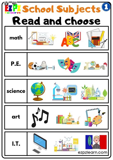 Group1 School Subjects Read And Choose Worksheet For K5 And Esl