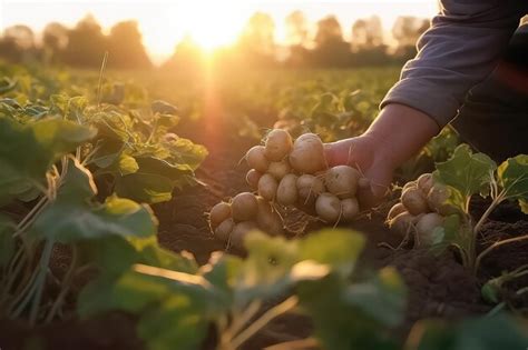 Premium Ai Image The Farmer Holds In His Hands A Crop Of Potatoes In