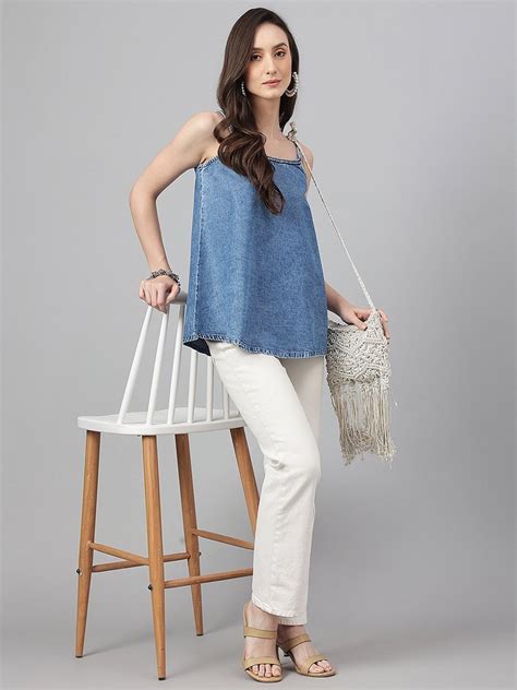 Sleeveless Janasya Women S Blue Denim Solid Regular Top At Rs 429 Piece