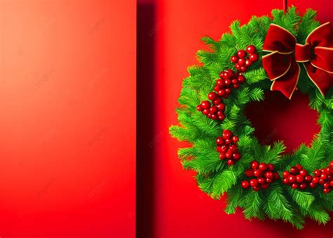 Red Christmas Background With Lush Green Wreath And Berries For Text