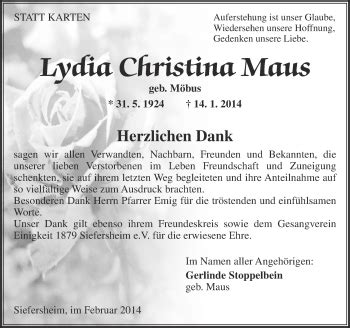 Traueranzeigen Von Lydia Christina Maus Rz Trauer De