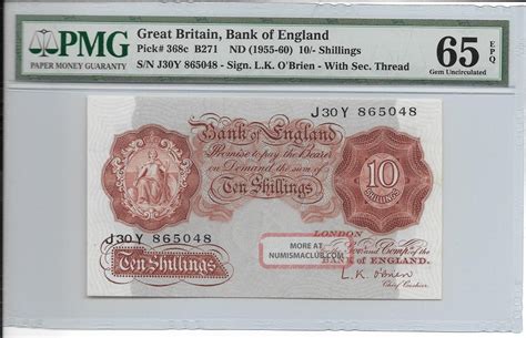 Great Britain Bank Of England 10 Shillings Nd 1955 60 Pmg 65epq