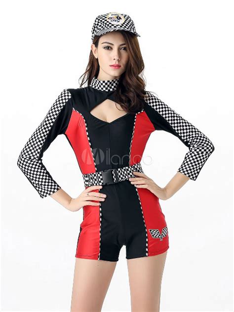 Sexy Race Car Driver Costume Halloween Womens Red Checker Romper