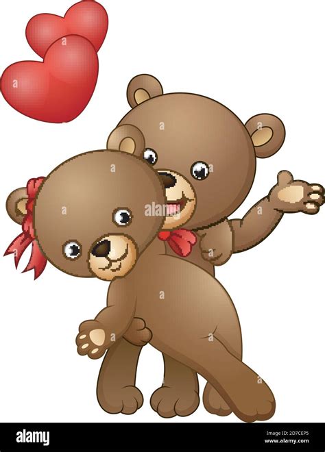 Vector Illustration Of Cartoon Teddy Bear Couple Dancing With Red Heart