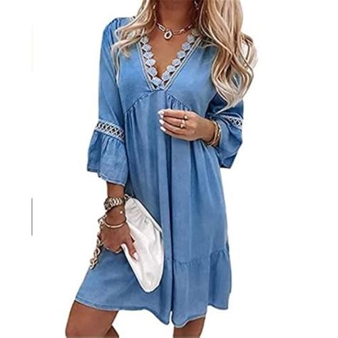 Robe Femme Été Col V Robe Casual Manches 3 4 Robe Mi Longue Tunique A