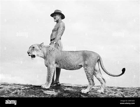 George Adamson standing on a rock outcrop with Elsa the lioness. One of ...