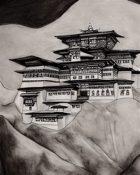 Taktsang Palphug Monastery Bhutan Graphite Drawing · Creative Fabrica