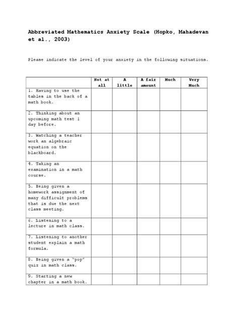 Abbreviated Mathematics Anxiety Scale Pdf