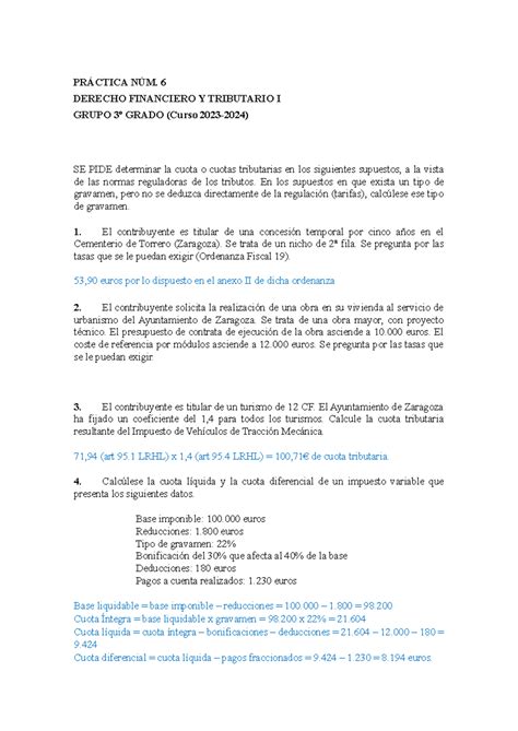 PRÁ Ctica Nº 6 Grado PRÁCTICA NÚM 6 DERECHO FINANCIERO Y TRIBUTARIO