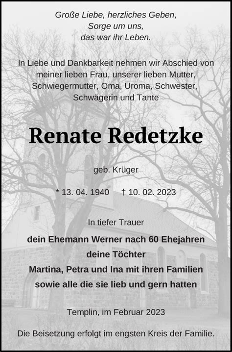 Traueranzeigen Von Renate Redetzke Trauer Nordkurier