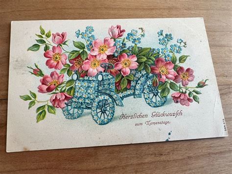 Präge Litho Glückwunschkarte mit Oldtimer und Blumen 1907 Kaufen auf