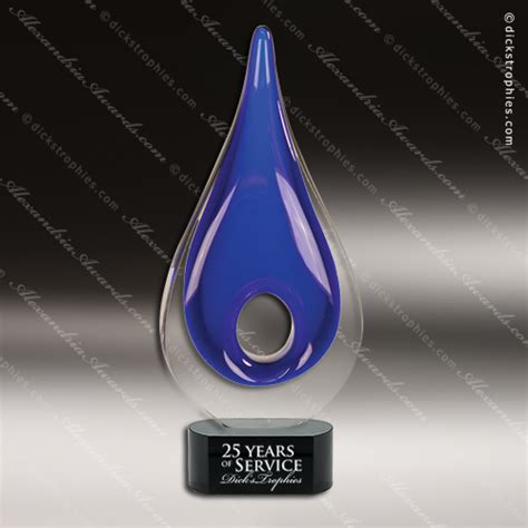 Artistic Blue Accented Jacquard Drop Art Glass Hole Rain Drop Trophy Award Blue Accented