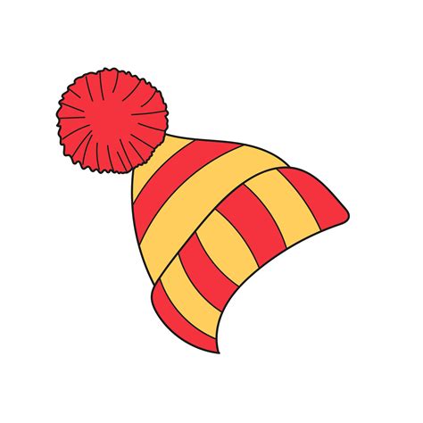 Simple Cartoon Icon Knitted Red And Yellow Hat With Pom Pom Vector