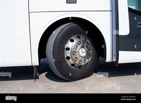 Huge Bus Wheel With A Shiny Disc White Bus Wheel Arch Michelin Tire