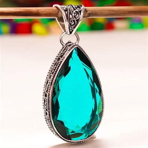 Blue tourmaline vintage style gemstone 925 silver jewelry pendant 2.34" - SILVER PRODUCTS - 2394032