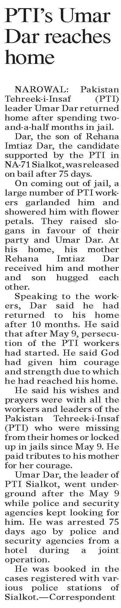 Dawn Epaper Mar Pti S Umar Dar Reaches Home