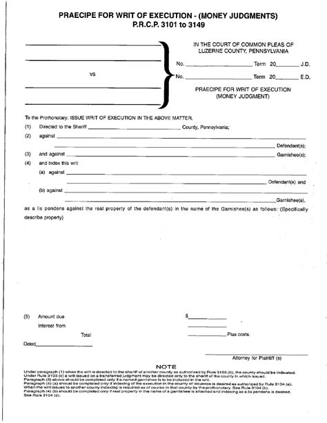 Luzerne County Pennsylvania Praecipe For Writ Of Execution Money